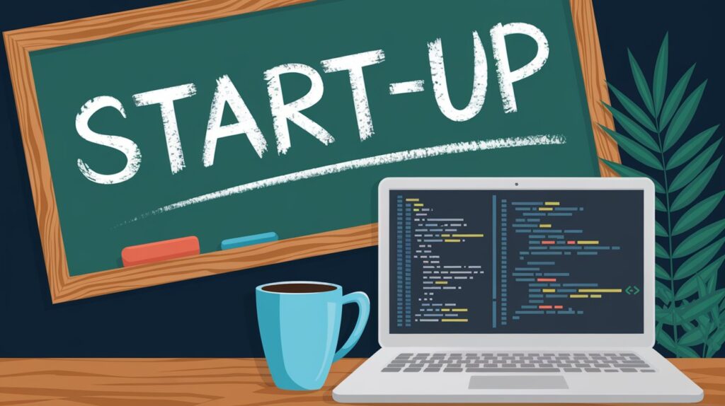 Startup written on a board with a laptop and cup of coffee 